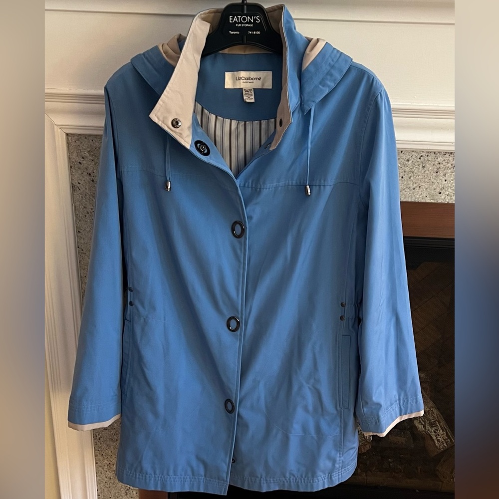 LIZ CLAIBORNE CORNFLOWER BLUE BEIGE HOODED LINED SPRING RAIN JACKET XL PETITE